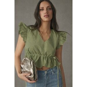 En Saison Sage Green Ruffle Shoulder Drawstring Waist Top 1EC2877T XS New